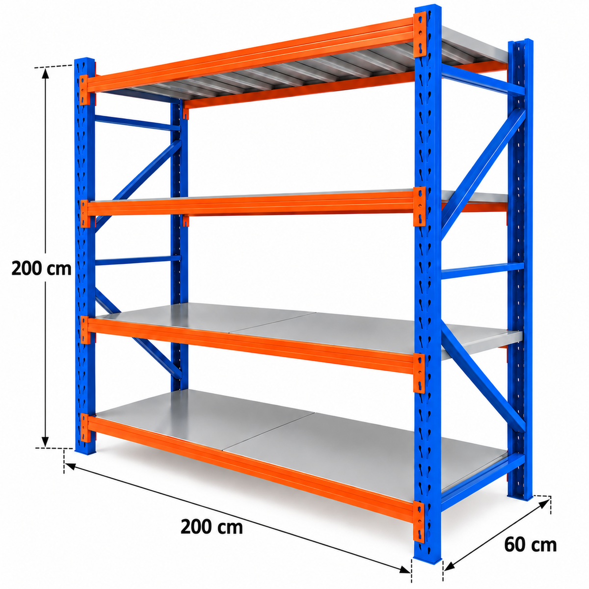 2m X 2m X 60cm Metal Warehouse Garage Shelf Storage Shelving - Blue/Orange/Grey